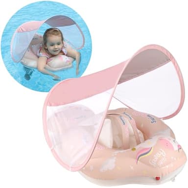 Free Swimming Baby Infant Pool Float with Sun Canopy Inflatable Baby Swimming Floatie with Sponge Safety Bottom Support Water Toys Swimming Trainer (Pink, Large) - Image 1