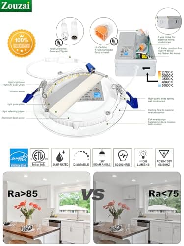 zouzai 24 Pack 4 Inch Ultra-Thin LED Recessed Ceiling Light with Junction Box 5CCT Adjustable Dimmable Can-Killer Downlight - ETL and Energy Star Certified (24 Pack 5CCT White, 4 Inch) - Image 9