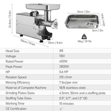 OKF Stainless Steel Electric Meat Grinder - 2800W Heavy Duty Commercial #8 Meat Grinders for Home Use with 2 Blades, 3 Plates, 3 Stuffing Tubes - Image 2
