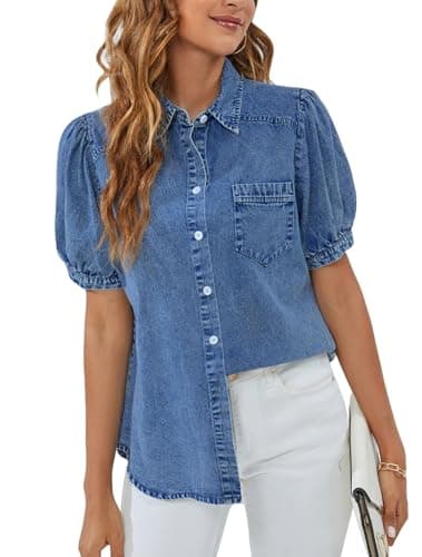 BMJL Womens Denim Shirt Business Casual Button Down Work Blouses Puff Sleeve Summer Tops Blue - Image 1