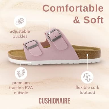 CUSHIONAIRE Lane Cork Footbed Sandals for Women – Comfortable Double Buckle Slip-On with Genuine Suede Footbed & Arch Support Slides for Women Footwear, PINK 7W - Image 4