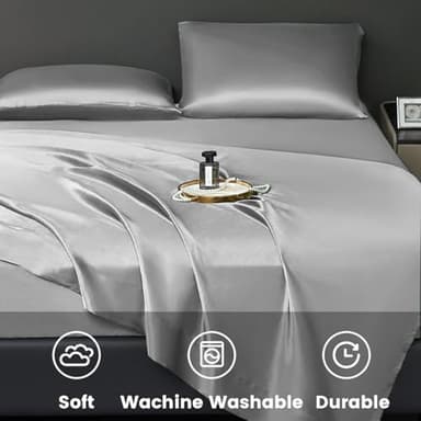 Revdomfly 4 Pcs Queen Size Luxury Silky Soft Cray Satin Sheet Set,1 Premium Moisture Wicking Fitted Sheet Fits Up to 16 Inches Deep Pocket + 1 Flat Sheet + 2 Pillowcases（Gray, Queen） - Image 9