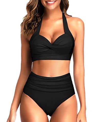 Tempt Me Women's Vintage Swimsuits Pure Black Retro Halter Ruched High Waist Bikini with Bottom L - Image 1
