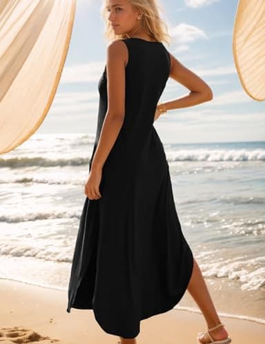 Zilcremo Women's Summer Casual Loose Sundress Long Dress Sleeveless V Neck Split Tshirt Maxi Dresses Black XL - Image 4