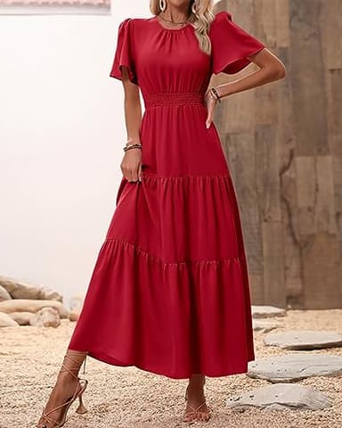 PRETTYGARDEN Women's Summer Casual Short Flutter Sleeve Round Neck Smocked Waist Tiered Boho Floral Flowy Maxi Dress(Solid Red,X-Large) - Image 6