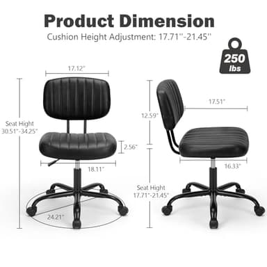 DUMOS Small Armless Home Desk Chair with Low Back Lumbar Support, Height Adjustable PU Leather Computer Task with 360° Swivel Wheels, for Small Space, Kids and Adults, Deep Black - Image 2