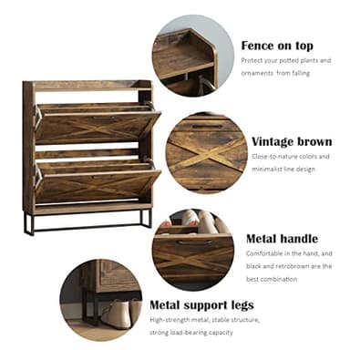 Maupvit Shoe Storage Cabinet with 2 Flip Drawers, Freestanding Shoe Organizer with Metal Legs for Entryway, Narrow Shoe Rack Cabinet, Rustic Brown - Image 4