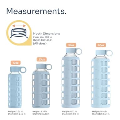 purifyou 40oz / 32oz / 22oz / 12oz Borosilicate Glass Water Bottle with Time & Volume Markers, Silicone Sleeve, Stainless Steel Lid | Reusable Glass Bottle for Water & Juice (22oz Ice Blue) - Image 2
