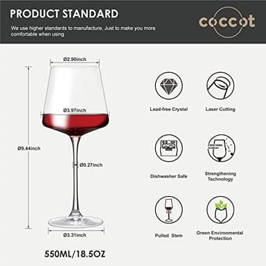 coccot Wine Glasses Set of 6,Crystal White Wine Glasses,Red Wine Glass Set,Long stem Wine Glasses,Clear Lead-Free Premium Blown Glassware (18.5oz,6 pack) - Image 4