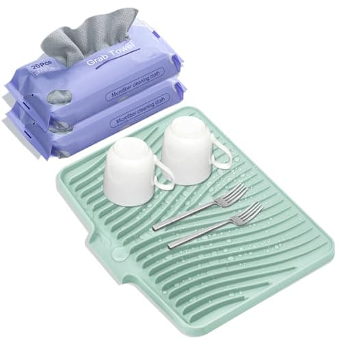 TIKNIK Silicone Dish Drying Mat, Stone Drying Mat for Kitchen Counter with Built-in Drain, Non-Slip 15.8" X 13" Drying Matt Kitchen Counter and Grey Microfiber Cleaning Cloth, Cleaning Rags Set(Mint) - Image 1