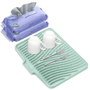 TIKNIK Silicone Dish Drying Mat, Stone Drying Mat for Kitchen Counter with Built-in Drain, Non-Slip 15.8" X 13" Drying Matt Kitchen Counter and Grey Microfiber Cleaning Cloth, Cleaning Rags Set(Mint) - Image 1