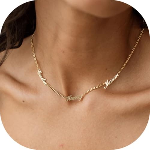 Personalized Name Necklace with Curb Chain, 18K Gold Plated Handmade Custom Family Choker Customized Child Nameplate Necklace Mother's Day Jewelry Gift for Mom, Wife (3 Names Necklace) - Image 1