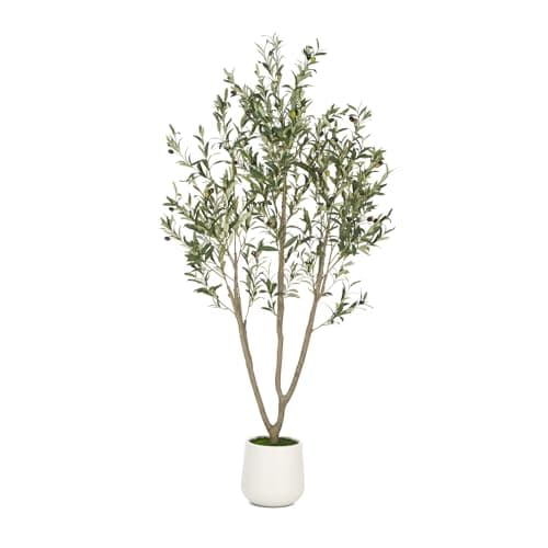 VIVATREES Olive Trees Artificial Indoor, 6FT Tall Faux Olive Tree with White Tall Planter, Artificial Plants with Natural Wood Trunk and Lifelike Fruits for Home Office Decor - Image 1