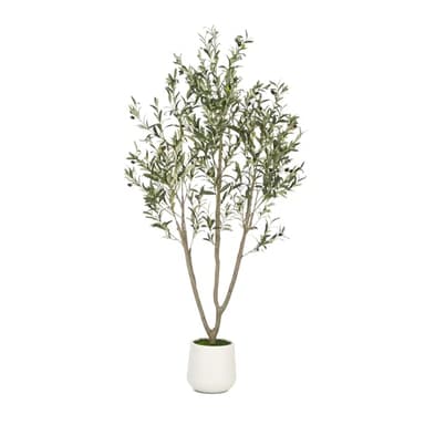 VIVATREES Olive Trees Artificial Indoor, 6FT Tall Faux Olive Tree with White Tall Planter, Artificial Plants with Natural Wood Trunk and Lifelike Fruits for Home Office Decor - Image 1