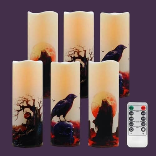 Halloween Flameless LED Candles, Set of 6, Gothic Design with Remote Control, 6 in x 2.15 in, 2AA Battery Operated 400+ Hours, Timer Function, Halloween Decorations in Fall, Indoor/Outdoor Ues.