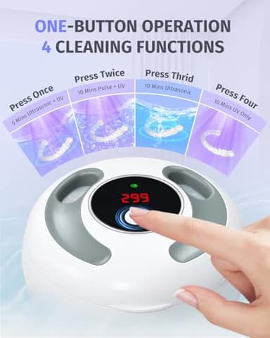 Dental Ultrasonic Retainer Cleaner Machine 45kHz, UV Denture Cleaner with 4 Modes Digital Timer, Portable 200ML UltraSonic Cleaning Pod for Night Mouth Guard, Aligner, Braces, Jewelry and More-White - Image 2