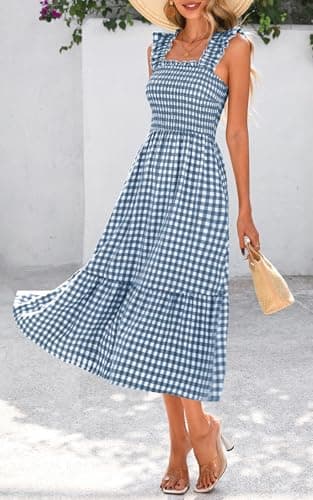 PRETTYGARDEN Women's Summer Dress Casual Square Neck Ruffle Strap Gingham Smocked Midi Flowy A Line Beach Vacation Sun Dresses 2025 (Dark Blue, XXL) - Image 3