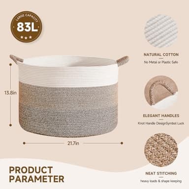 CLHMILY&Z Round Cotton Rope Storage Basket - 22x14.2 Inches - Stylish Nursery Storage Bin, Baby Toy Organizer, Soft Cotton Basket for Home Decor, Multi-Purpose Storage Solution - Image 3