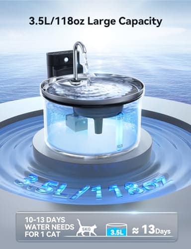 Wireless Cat Water Fountain Stainless Steel [Water & Battery Separation] FEELNEEDY Smart Pet Water Fountain, 4000mAh Battery Operated Water Fountain for Cats Dogs 3.5L/118oz + 6 Filters - Image 5