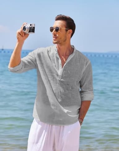 COOFANDY Men's Cotton Linen Henley T-Shirts Long Sleeve Hippie Casual Beach T-Shirts Gray - Image 6