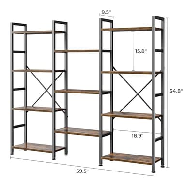 SUPERJARE Triple 4 Tier Bookshelf, Bookcase with 11 Open Display Shelves, Wide Book Shelf Book Case for Home & Office, Rustic Brown - Image 3