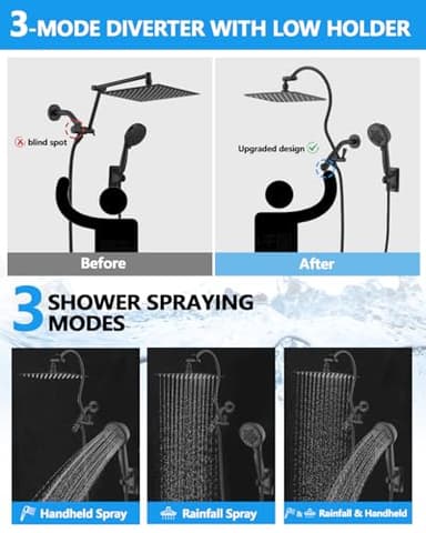 PDPBATH Rainfall Shower Head with Handheld Spray Combo, All Metal 12 Inch High Pressure Rain Showerhead with 16" Adjustable Curved Arm Build-in 3-way Diverter, Matte Black - Image 4