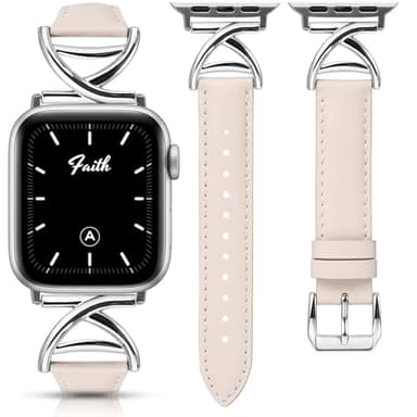 Minyee Leather Band Compatible with Apple Watch 42/44/45/46/49mm Women, Slim Dressy Premium Leather Strap with A-Shape Metal Buckle for iWatch Series 11 10 9 8 7 6 5 4 SE/Ultra 3 2 1,Starlight/Silver - Image 1