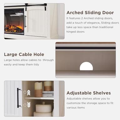 OKD Farmhouse Fireplace TV Stand for 70 Inch TV, 33" Tall Highboy Entertainment Center w/Electric Fireplace, Rustic Media Console w/Sliding Arched Door for Living Room,Antique White - Image 5