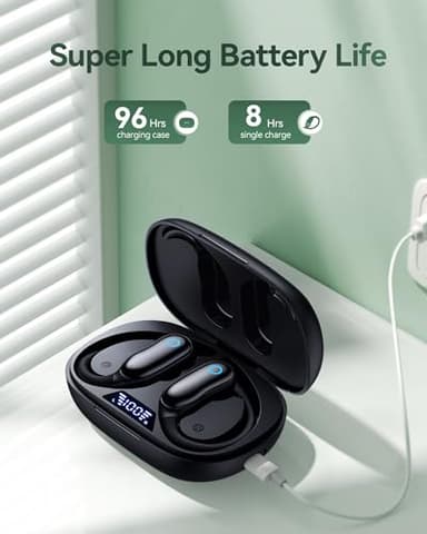 GNMN Ear Buds Wireless Earbuds 96hrs Playback Bluetooth Headphones IPX7 Waterproof Stereo Bass Over-Ear Earphones with Earhooks Microphone LED Battery Display for Sports/Workout/Gym/Running Black - Image 3