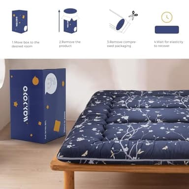 MAXYOYO Japanese Floor Mattress Navy Floral Printed Futon Mattress Foldable Floor Bed Roll Up Camping Mattress Floor Lounger Queen Size Bed Mattress - Image 6