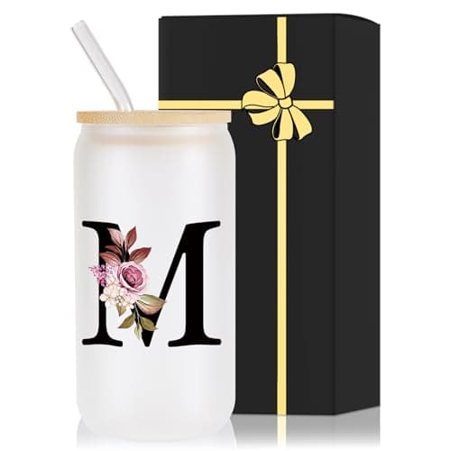 Monogrammed Glass Drinking Cup With Lid Straw Women Wife Gifts Ideal from Husband Happy Birthday Wedding Romantic Best Cool Personalized Unique Special Cute Custom Christmas Xmas Valentines Present,M - Image 1