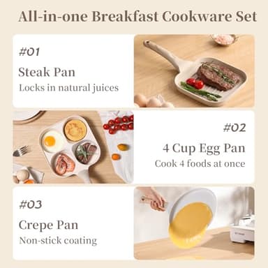 Kundita 7-Piece Granite Cookware Set, Premium Non-Stick Kitchen Collection with 8" Grill Pan, 4-Cup Egg Maker, Crepe Griddle and 4 Cooking Utensils - PFOA-Free for All Stovetops - Image 2