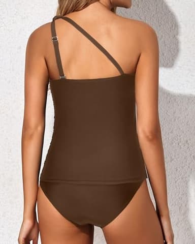 Tempt Me Brown Two Piece Tankini Set Swimsuits for Women Tummy Control Bathing Suit One Shoulder Swimwear with Bikini Bottoms M - Image 3