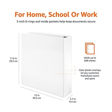 Amazon Basics 3 Ring Binders, 3 Inch, 2 Pack, D-Ring Organizer for School, Home Office, White - Image 8