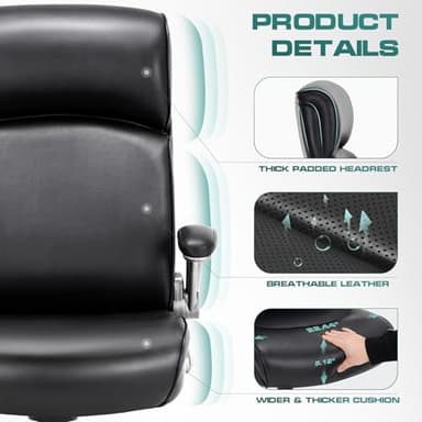 COLAMY Executive Padded Leather Office Chair-Ergonomic Lumbar Support, Desk Chair for Home and Office with Flip-up Arms, High Back, Adjustable Desk Computer Chair for Work, Meeting, Black, 400lbs - Image 4