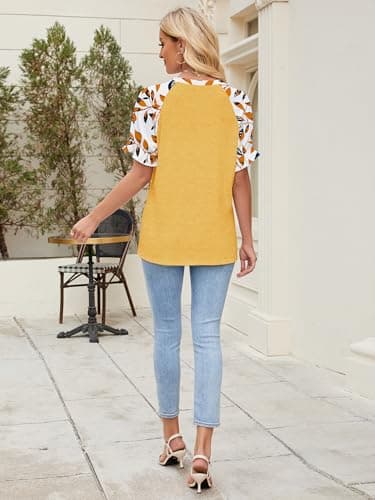 Chulianyouhuo Women's Ruffle Sleeve Tops Summer Crew Neck Casual Pleated Front Blouse Loose Fit Basic Tee Shirt(Yellow S) - Image 4