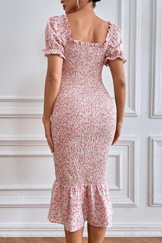 PRETTYGARDEN Summer Floral Bodycon Midi Dresses 2025 Puff Sleeve Mermaid Cocktail Baby Shower Photoshoot Maternity Dress (Pink,Medium) - Image 2