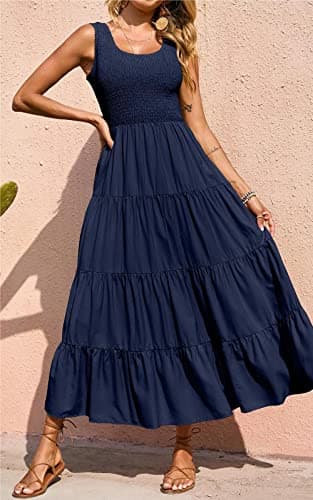 PRETTYGARDEN Women's Casual Loose Plain Maxi Sundress Smocked Tank Dress Sleeveless Summer Beach Tiered Long Dresses (Navy,Large) - Image 2