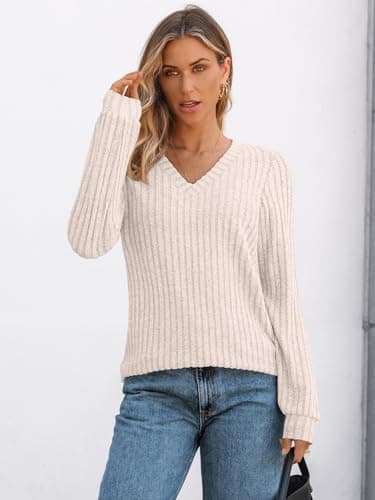 AUTOMET Womens V Neck Long Sleeve Shirt Fall Fashion Tops Tunic Dressy Casual Sweater Clothes Cute Trendy Work Outfits 2025 Apricot M - Image 2
