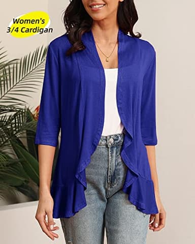 Argstar 3/4 Sleeve Cardigan for Women, Lightweight Open Front Casual Soft Draped Ruffles Royal Blue M - Image 4