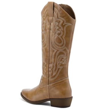 mysoft Women's Cowboy Boots Mid Calf Cowgirl Embroidered Western Pointed Toe Chunky Heel Pull On Knee High Boots - Image 3