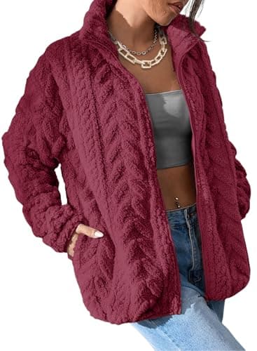 Dokotoo Girls Lightweight Fall Jackets Zip Up Sherpa Long Sleeves Tops 2025 Side Pockets Plus Size Coats Baggy Short Outerwears,Red X-Large - Image 1