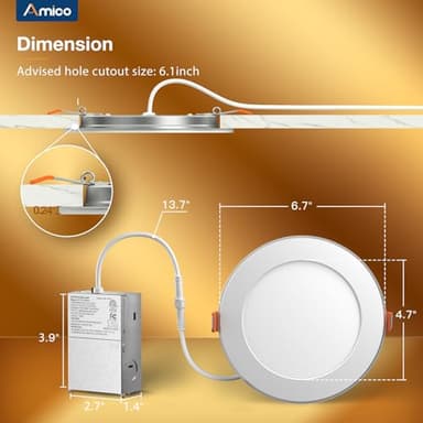 Amico 12 Pack 6 Inch 5CCT LED Recessed Ceiling Light with Night Light, 2700K/3000K/3500K/4000K/5000K Selectable Ultra-Thin Lighting, 12W=110W, 1100LM, Dimmable Canless Wafer Downlight ETL&FCC - Image 5