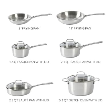 Sur La Table Kitchen Essentials Chef's Deck 10 Piece Stainless Steel Non Toxic Pots and Pans Kitchen Cookware Set w/Triply Encapsulated Base - Induction Safe - Image 3
