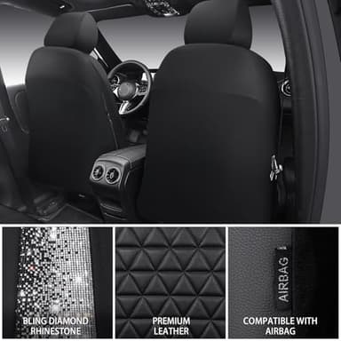 CAR PASS Bling Diamond Leather Car Seat Covers Full Seats Interior Sets, Waterproof Shining Glitter Sparkly Crystal Universal Armrest Fit Automotive Truck SUV Cute Women Girl, Black Silver Rhinestone - Image 4