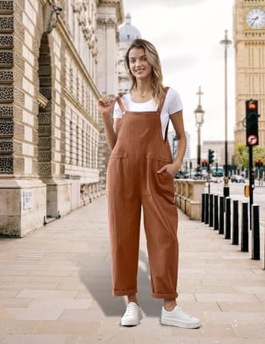 YESNO Women Long Casual Loose Bib Pants Overalls Baggy Rompers Jumpsuits with Pockets PV9 (L PV9 Coffee) - Image 2