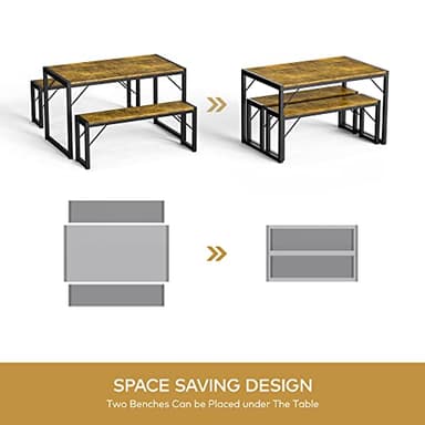 Gizoon 45.5" Dining Table Set for 4 with 2 Benches, Kitchen Table Set with Metal Frame & MDF Board, Space-Saving Dinette for Kitchen, Dining Room -Retro - Image 7