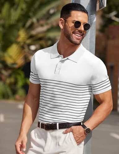 COOFANDY Mens Polo Shirts Striped Knitting Golf Shirts Lightweight Short Sleeves Shirts, White, Medium - Image 4