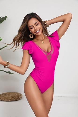 AI'MAGE One Piece Swimsuits for Women Sexy Mesh Deep V Neck Bathing Suit Ruffle Cap Sleeve Tummy Control Swimwear Hot Pink M - Image 3