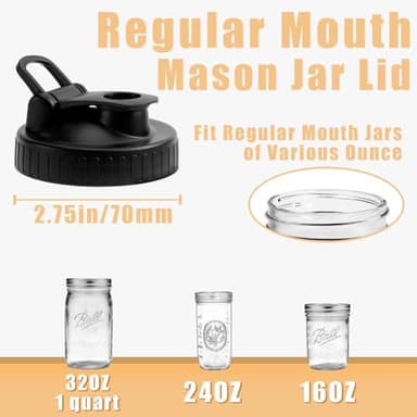 FyndraX Pour Spout Lids for Ball Regular Mouth Mason Jars, Airtight Canning Jar Flip Cap Top Lid for Drinking, Salad, Dressing Pouring, Leak-Proof, Black&Grey Pack of 8 - Image 3